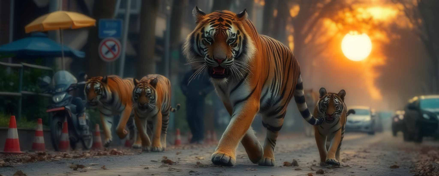 Four tigers roam a city street. (ai)