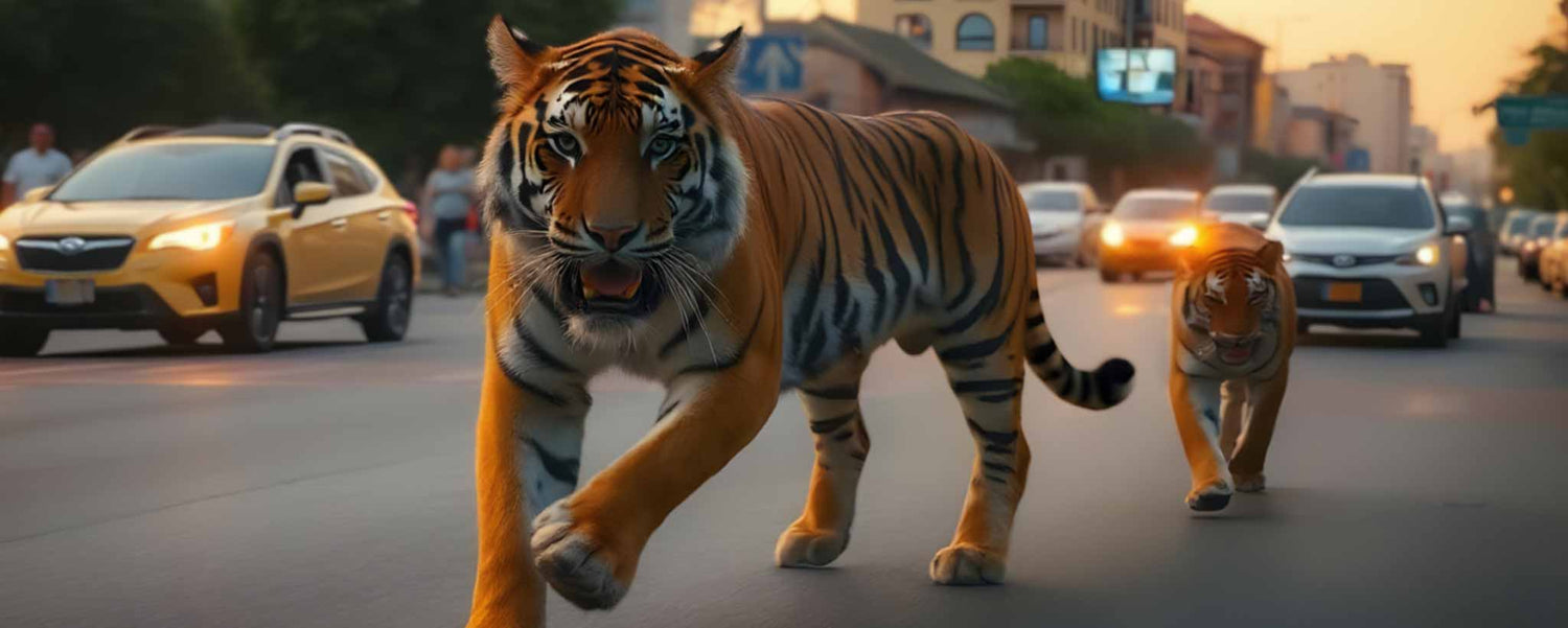 Tigers run wild through city streets. (ai)