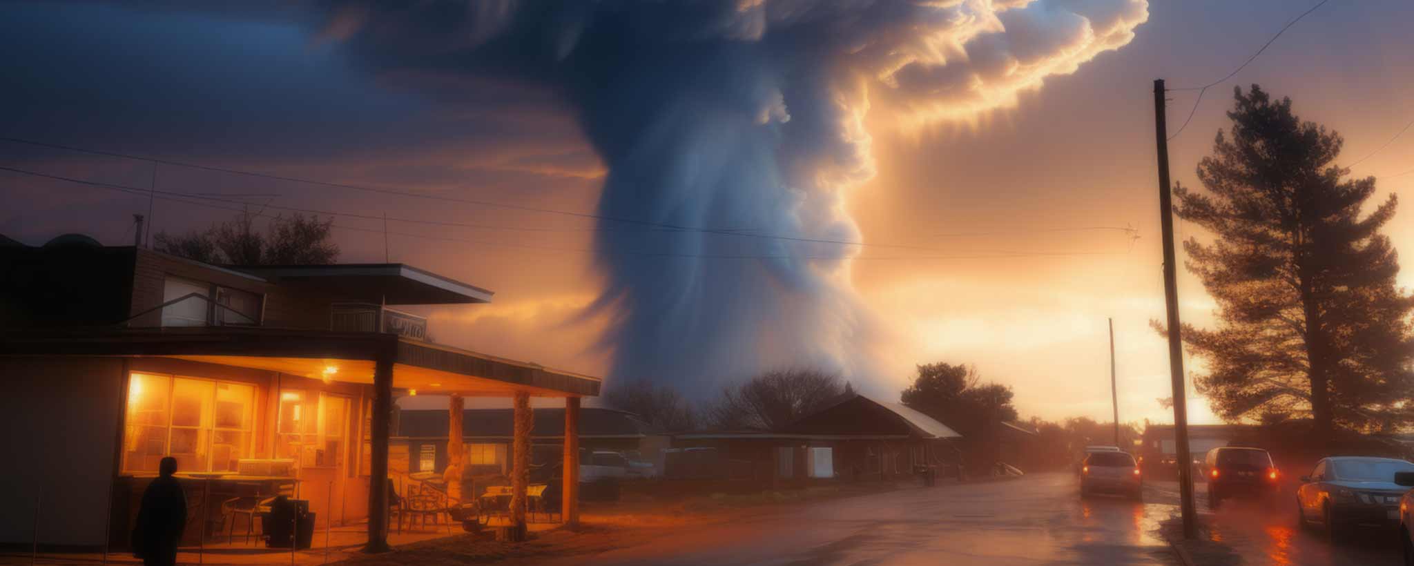 'A huge tornado approaches a city. (ai)'