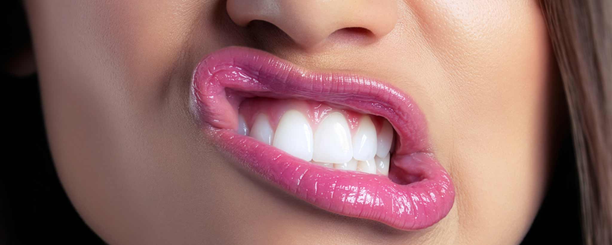 'Close-up of a person's mouth with glossy pink lips parted to show white teeth.'