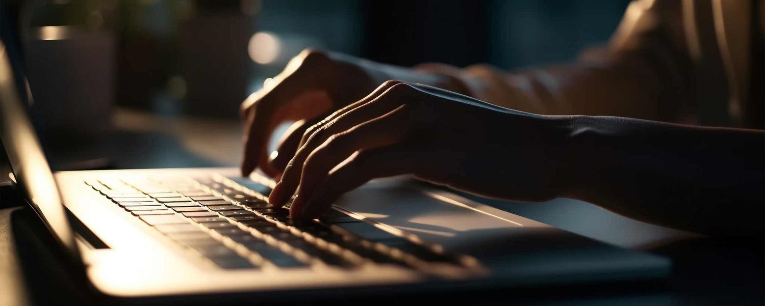Hands typing on laptop computer. (ai)
