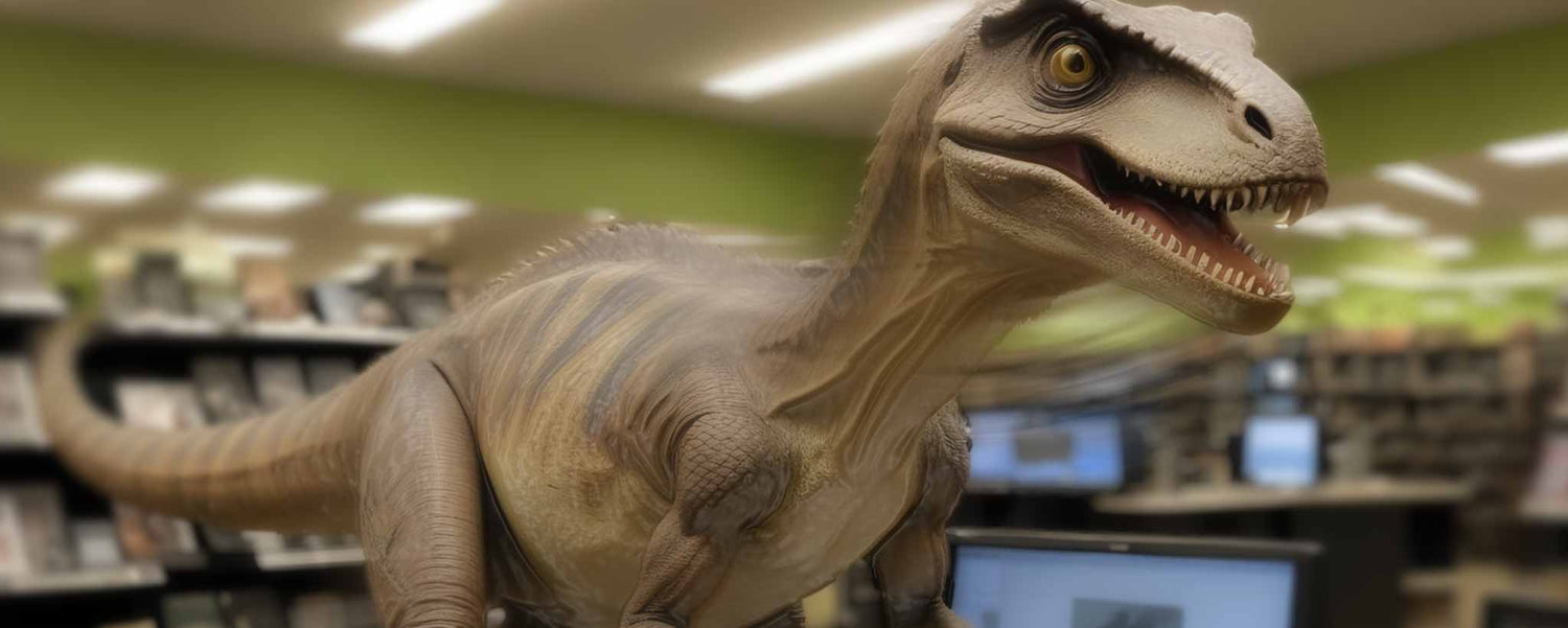 Velociraptor in computer store (ai)