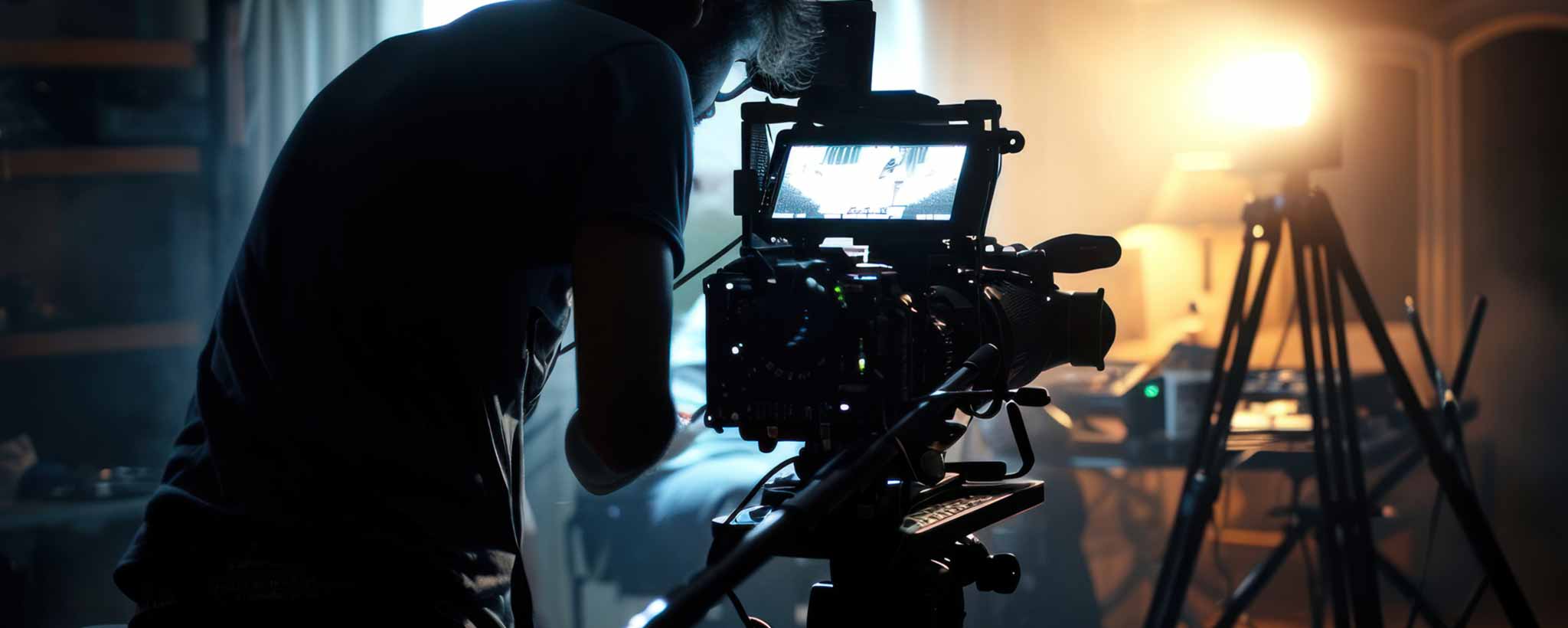 'A man operating a camera on a tripod in a dimly lit room.'