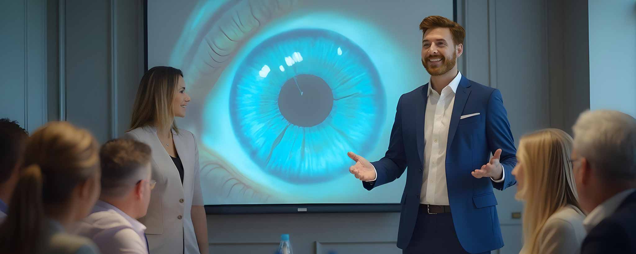 'A business man makes a visionary presentation in front of investors. (ai)'