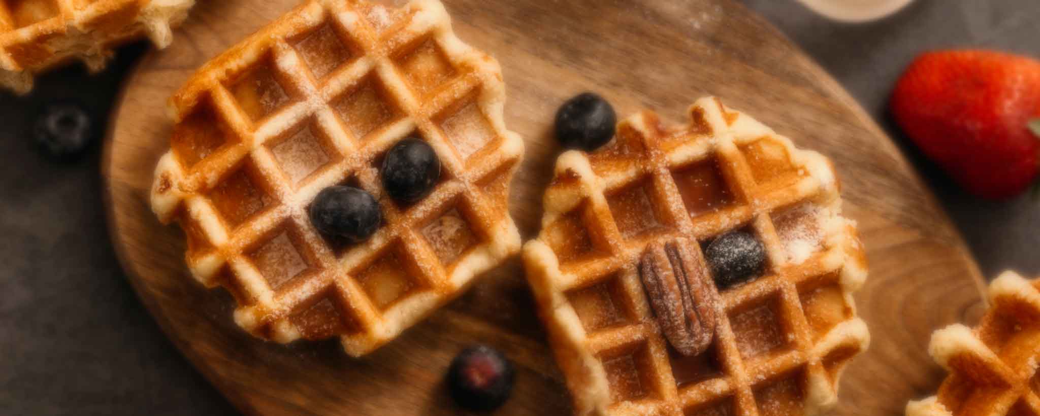 'Round waffles with berries rest on a wooden platter.'