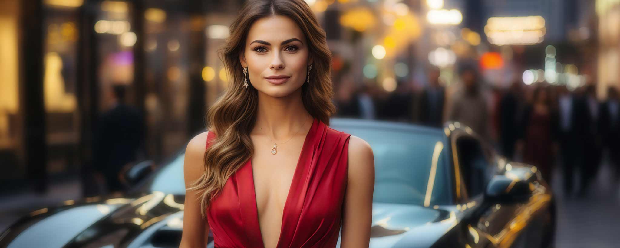 'A glamorous female in front of a fancy automobile. (ai)'