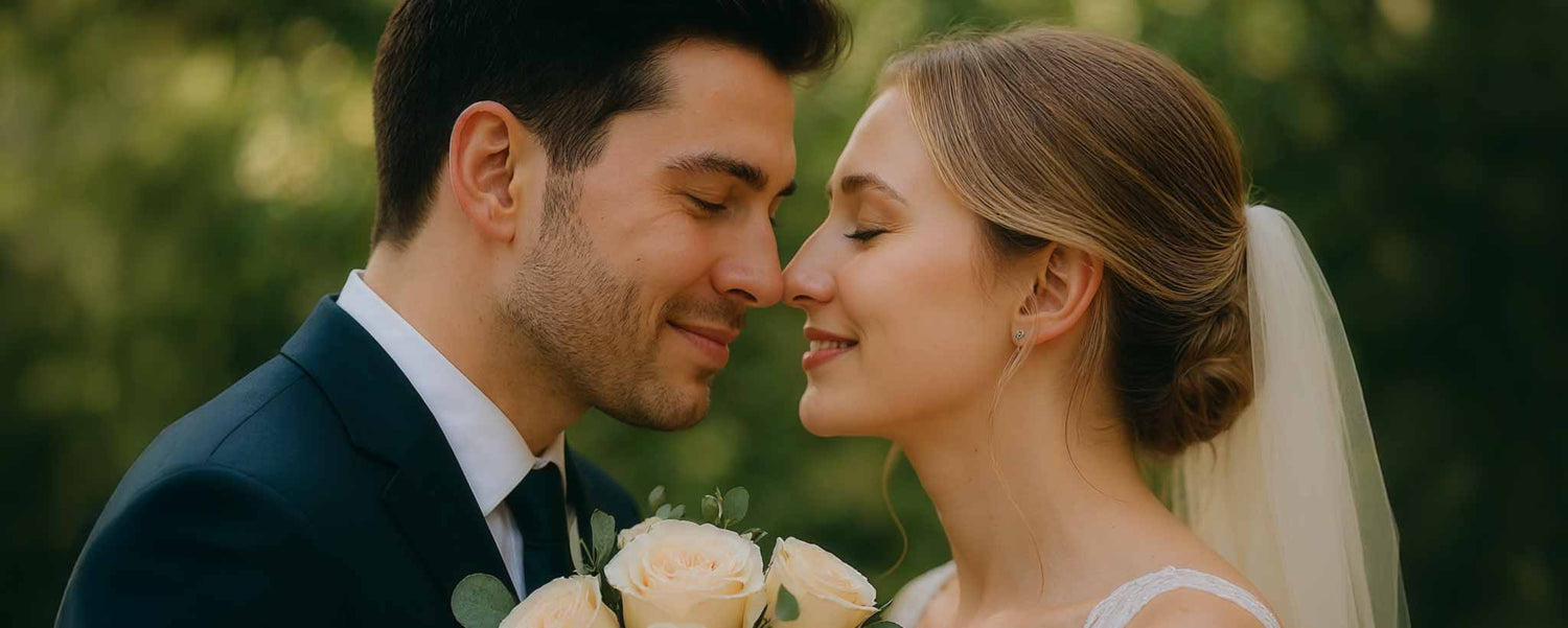 Profiles of a couple in wedding attire with a blurred green background. (ai)