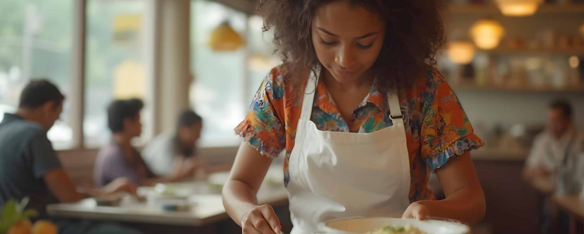 'A teen girl bussing a restaurant table. (ai)'