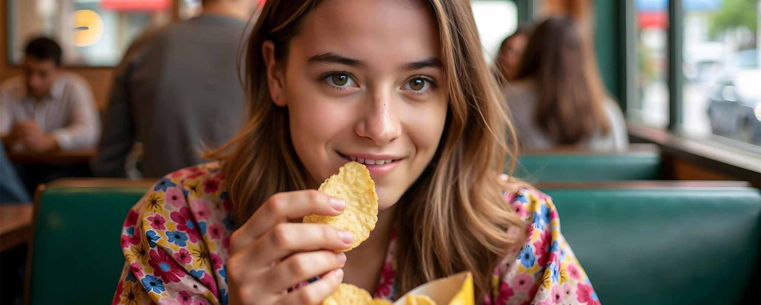 A Caucasian young lady eats potato chips in a delicatessen. (ai)