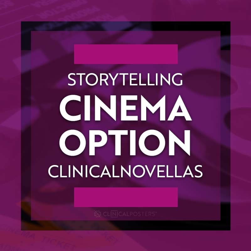 Promotional graphic for 'Cinema Option' by ClinicalNovellas with a purple background.