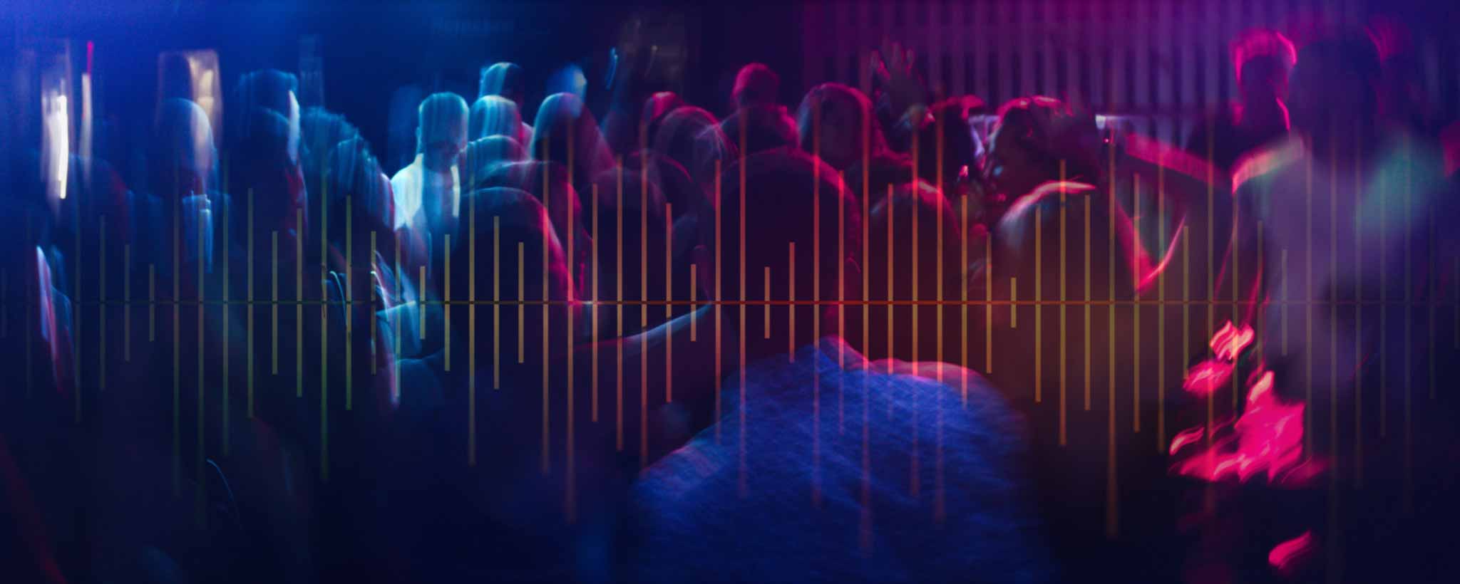 Colorful dance club with sound waves.