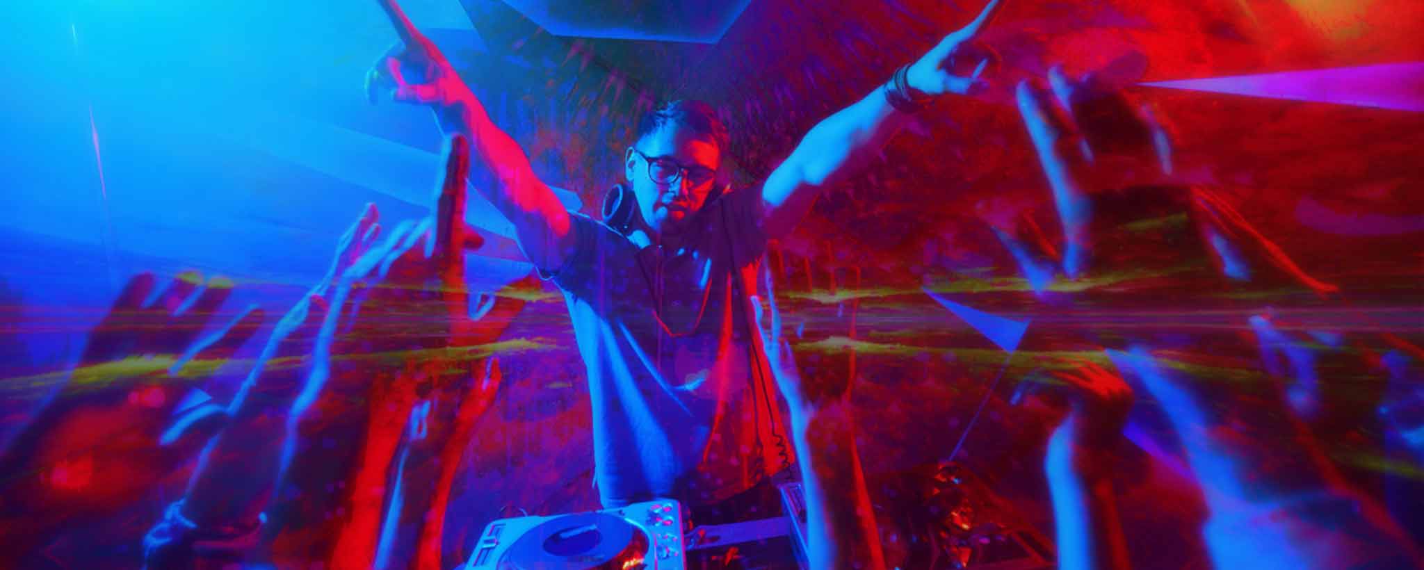 Psychedelic deejay with party hands