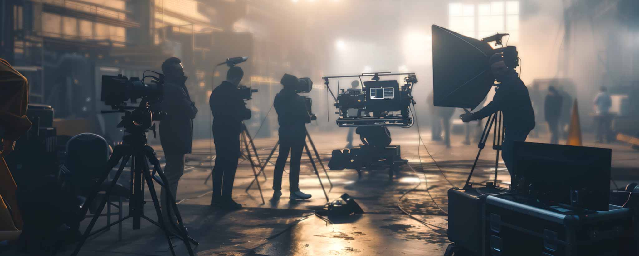 Film crew on a movie set with equipment and lighting in a dimly lit studio. (ai)