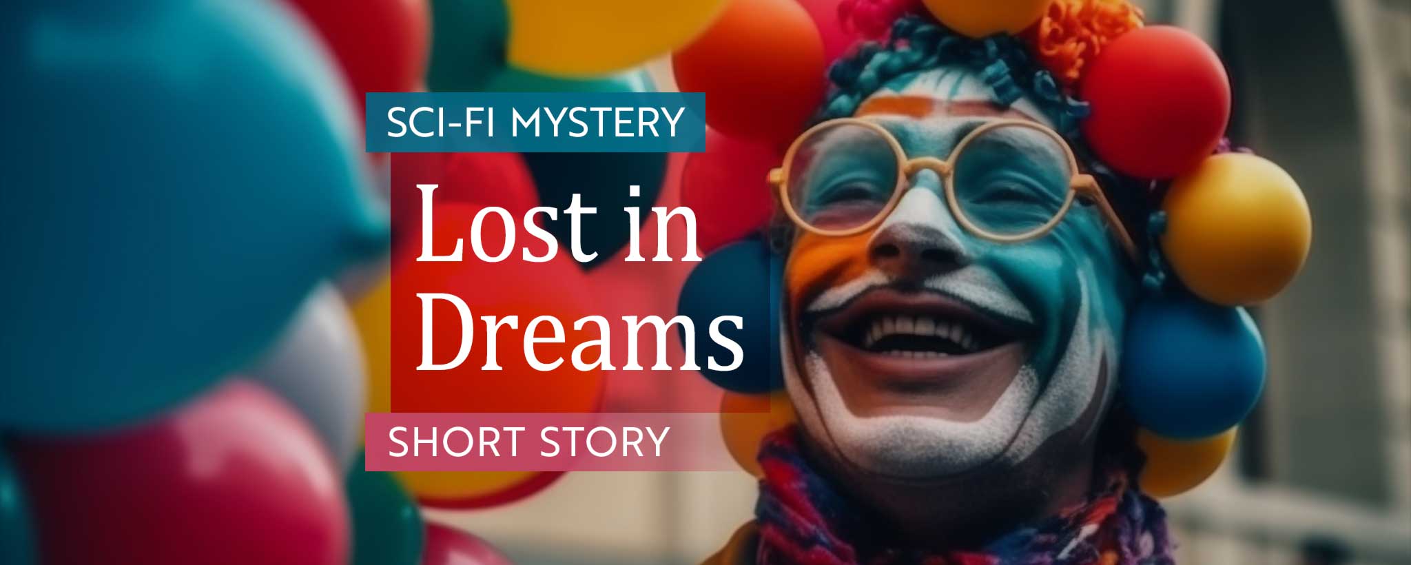 'A male clown surrounded by colorful  balloons. (ai)'