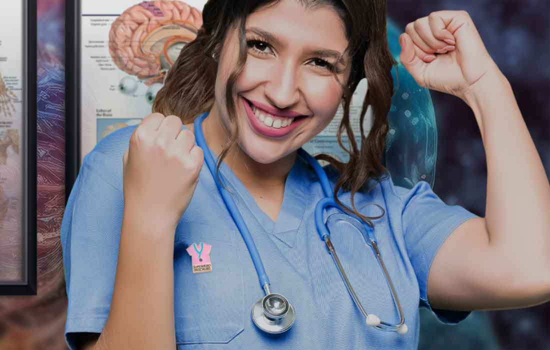 Happy female nurse with posters