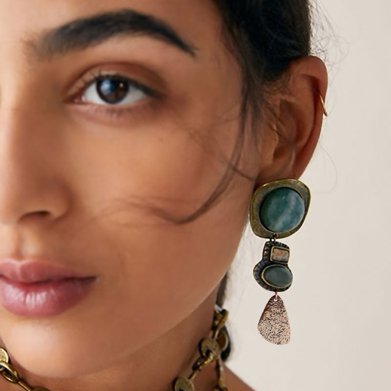 Wearing Bohemian Natural Stone Asymmetric Earrings
