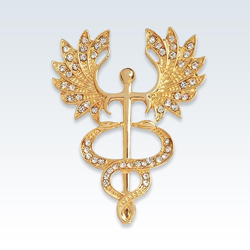 Big Wing Caduceus Gold and Crystal Lapel Pin