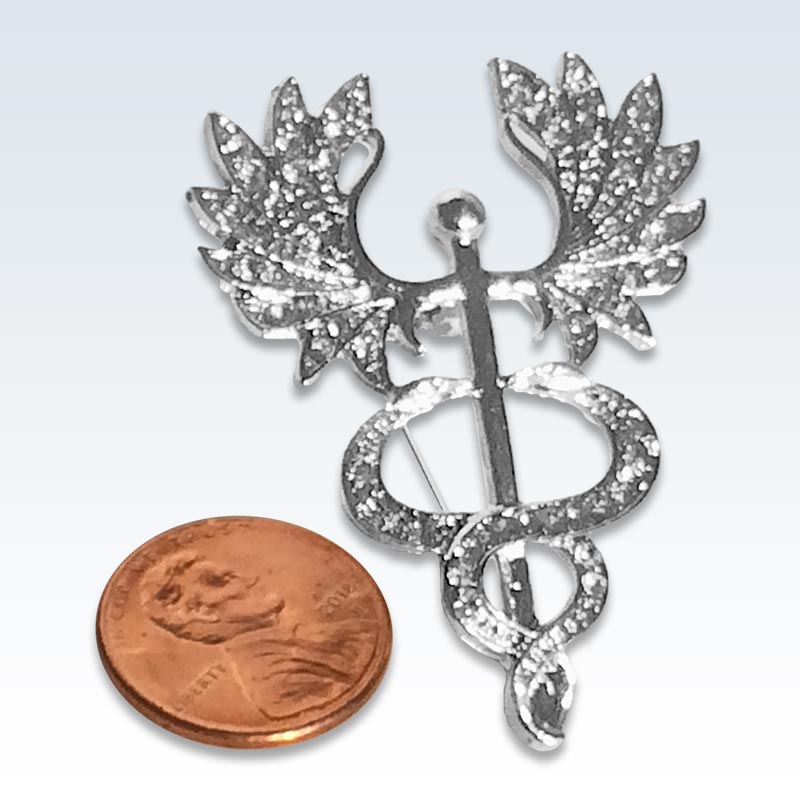 Big Wing Caduceus Silver and Crystal Lapel Pin Size