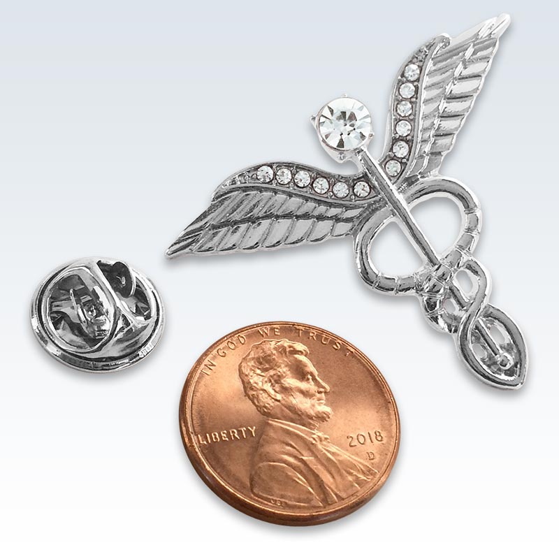 Silver Winged Caduceus Lapel Pin Size