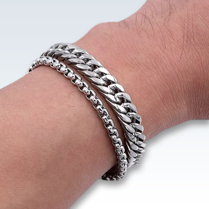 Wearing Stainless Steel Double Chain Bracelet