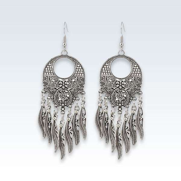 Tibetan Silver Feather Drop Earrings