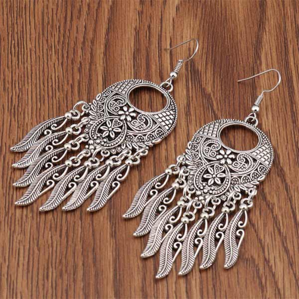 Tibetan Silver Feather Drop Earrings