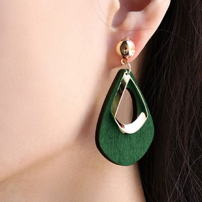 Wearing Geometric Wood Green Earrings