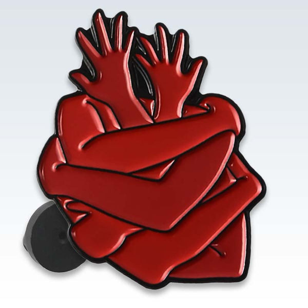 Red Heart Hugs Enamel Lapel Pin Detail