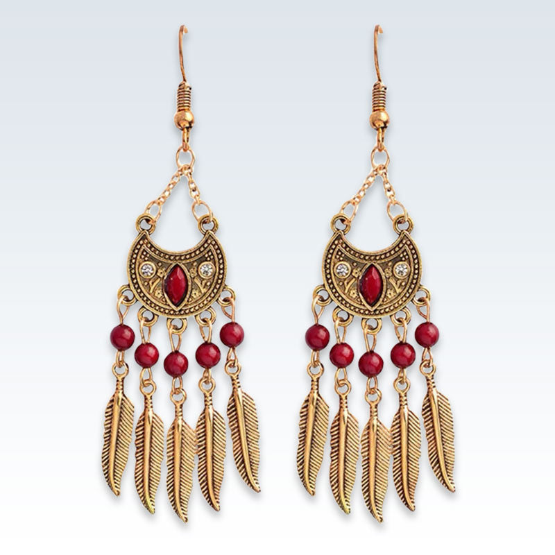 Indian Gold Feather Drop Earrings