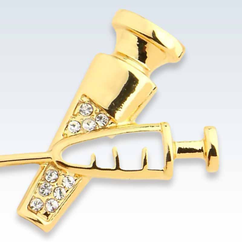 Gold Needle Shots Lapel Pin Detail