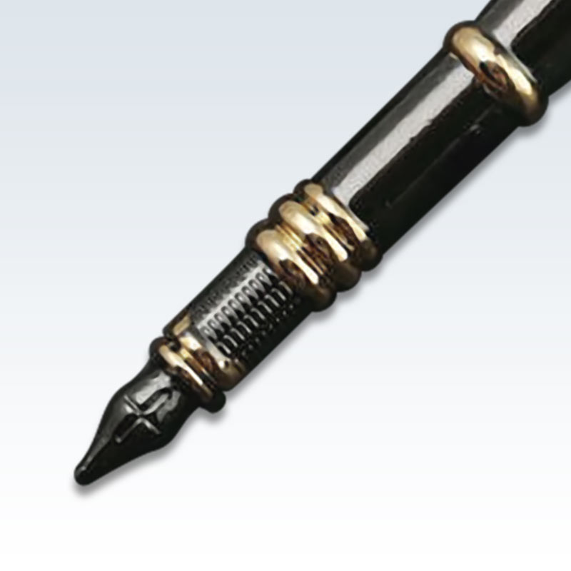 Black and Gold Writing Pen Lapel Pin Detail