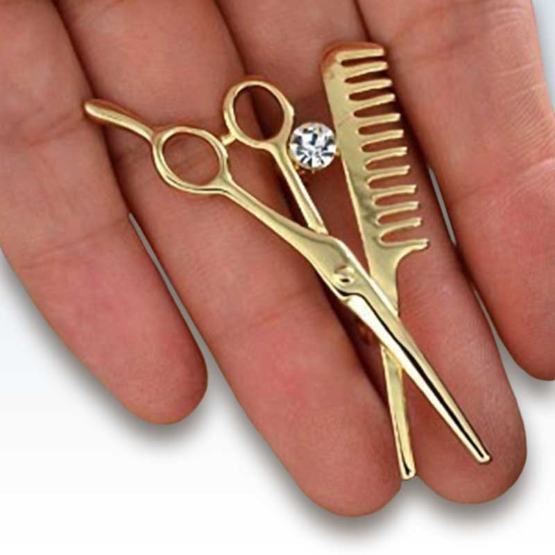 Holding Gold Scissors Comb Lapel Pin