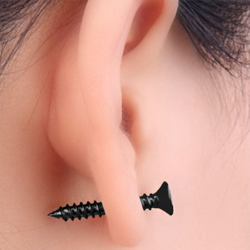 Wearing Black Stainless Steel Screw Earring Stud