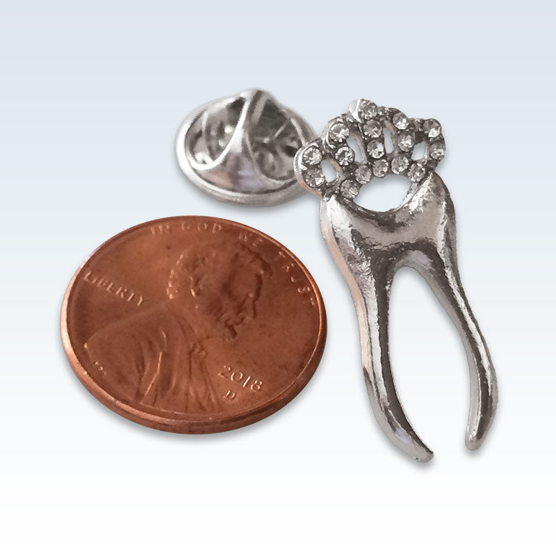Silver Crowned Tooth Lapel Pin Size