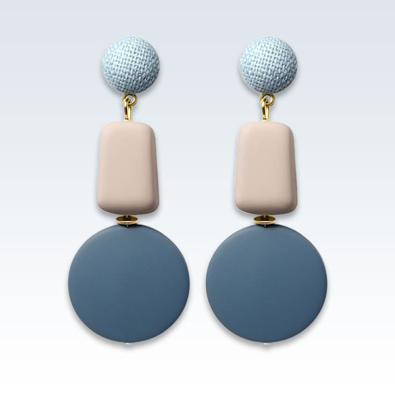 Geometric Blue Beige Wood Earrings